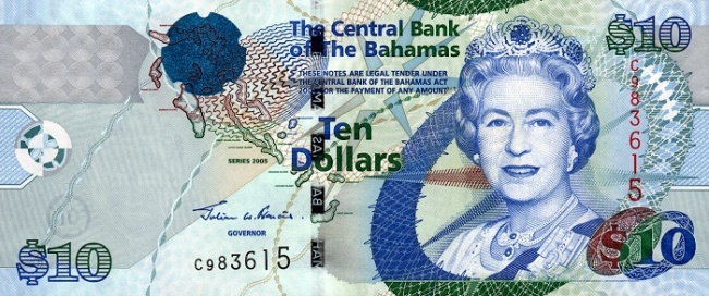 Купюра номиналом 10 багамских долларов, лицевая сторона